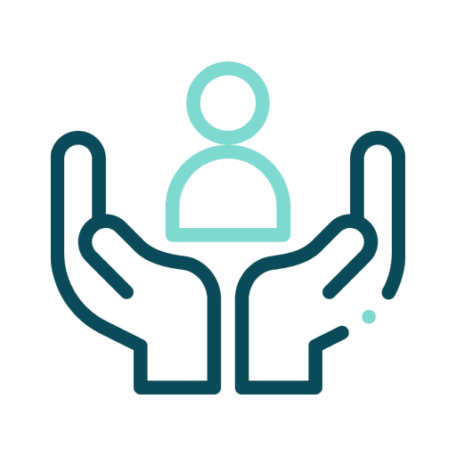 Supportive hands holding a person icon, symbolising care and assistance.